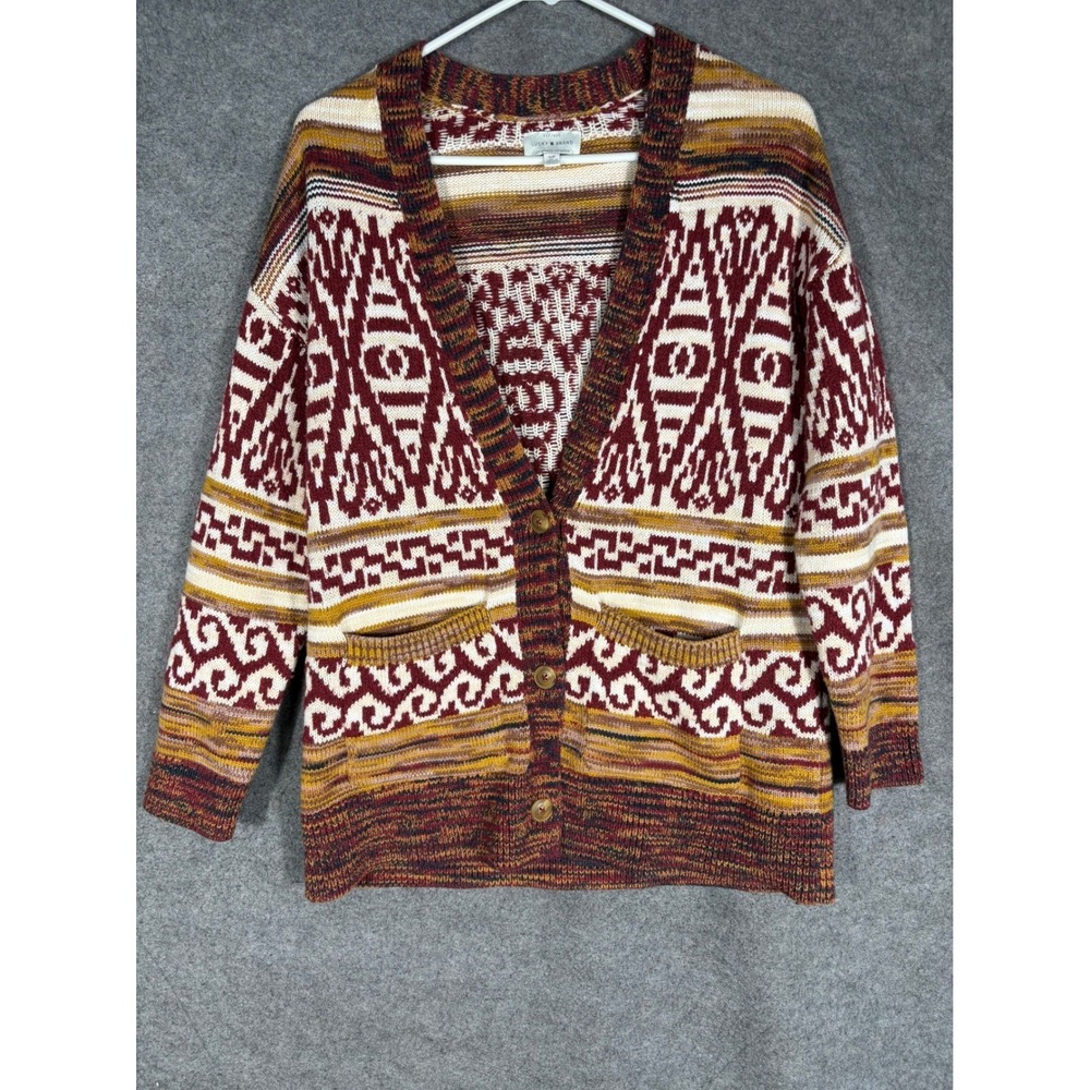 Lucky Brand Women Multicolor Geometric Tribal Knit Cardigan Sweater Small